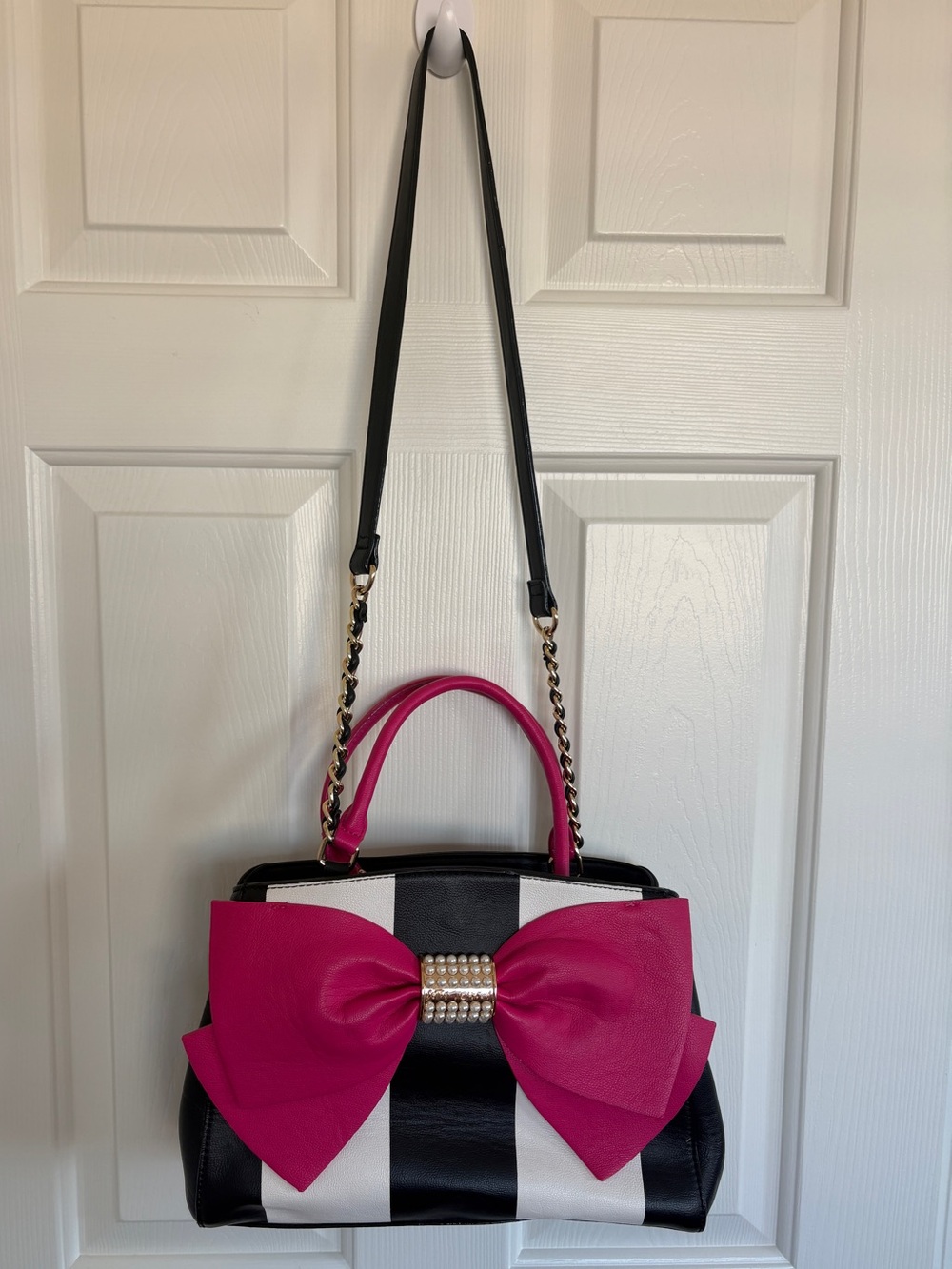 Betsey Johnson Black & White Stripe Satchel with Hot Pink Bow & Pearls